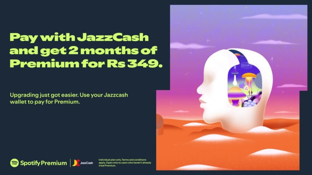 Premium work with Jazz Cash, Spotify premium Pakistan is now available with Jazz Cash payment.